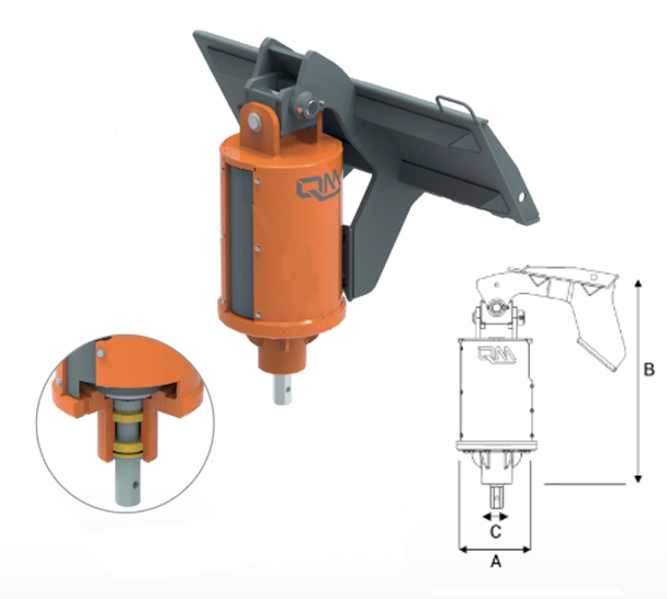 teknisk illustration med mått vinklar angivna till en hydraulisk motor som är orange